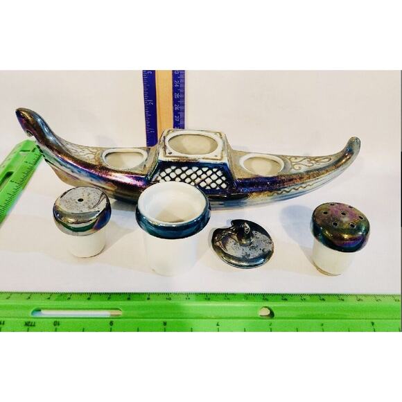 Vintage Porcelain De France Blue Lusterware Gondola Salt And Pepper Shaker Boat - Picture 3 of 4